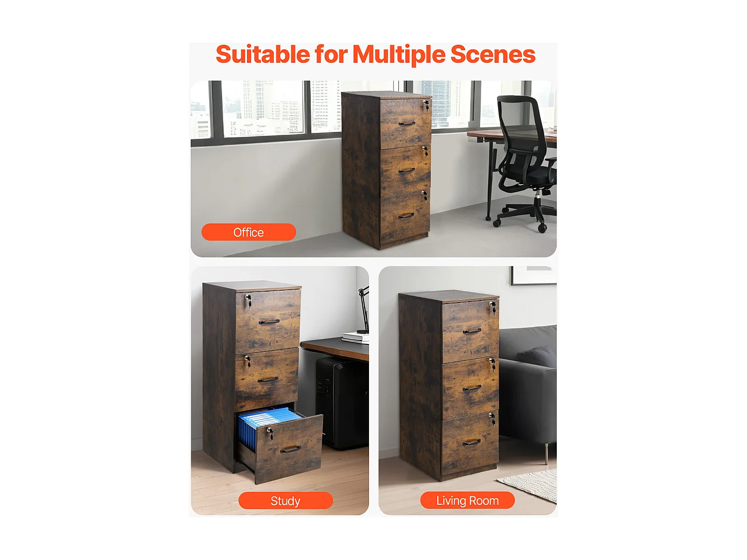 Vertikaler Aktenschrank mit 3 Schubladen von SucceBuy mit Schloss, Robust, Verstellbare Kleiderstange (2 Stufen), Dokumentenablage für Letter/Legal, Schwarz+Braun