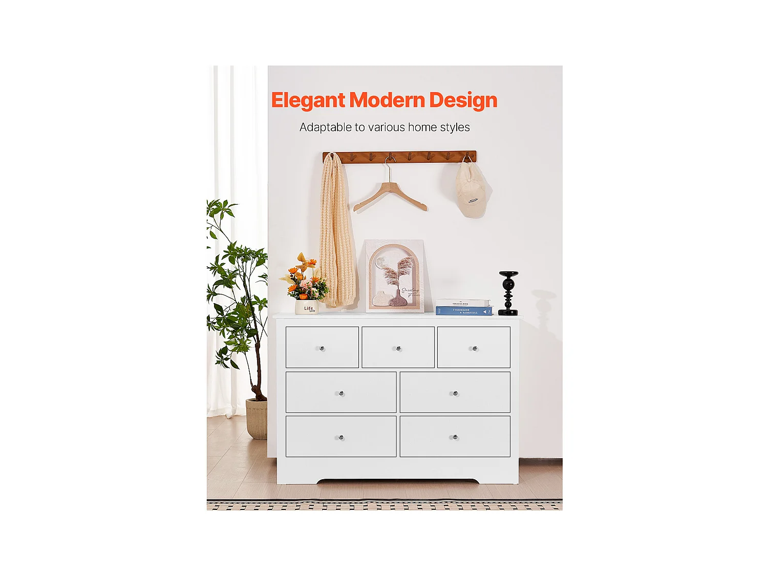 Commode 7 Tiroirs SucceBuy, Bois, Système Coulissant/Anti-Basculement, Style Moderne, Meuble TV/Armoire, Salon/Couloir/Chambre/Entrée, Blanc