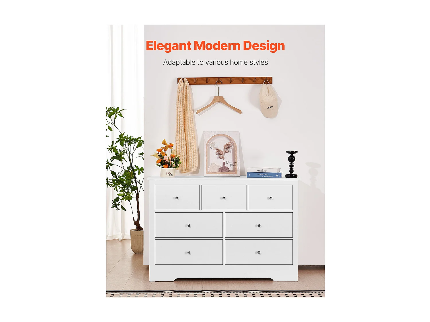 Commode 7 Tiroirs SucceBuy, Bois, Système Coulissant/Anti-Basculement, Style Moderne, Meuble TV/Armoire, Salon/Couloir/Chambre/Entrée, Blanc