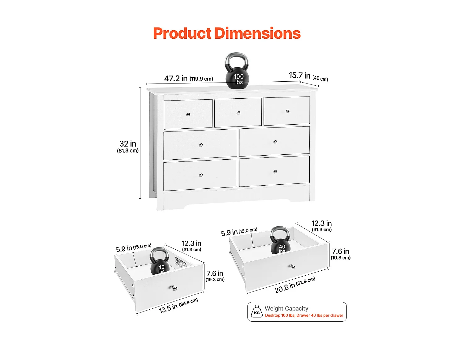 Commode 7 Tiroirs SucceBuy, Bois, Système Coulissant/Anti-Basculement, Style Moderne, Meuble TV/Armoire, Salon/Couloir/Chambre/Entrée, Blanc