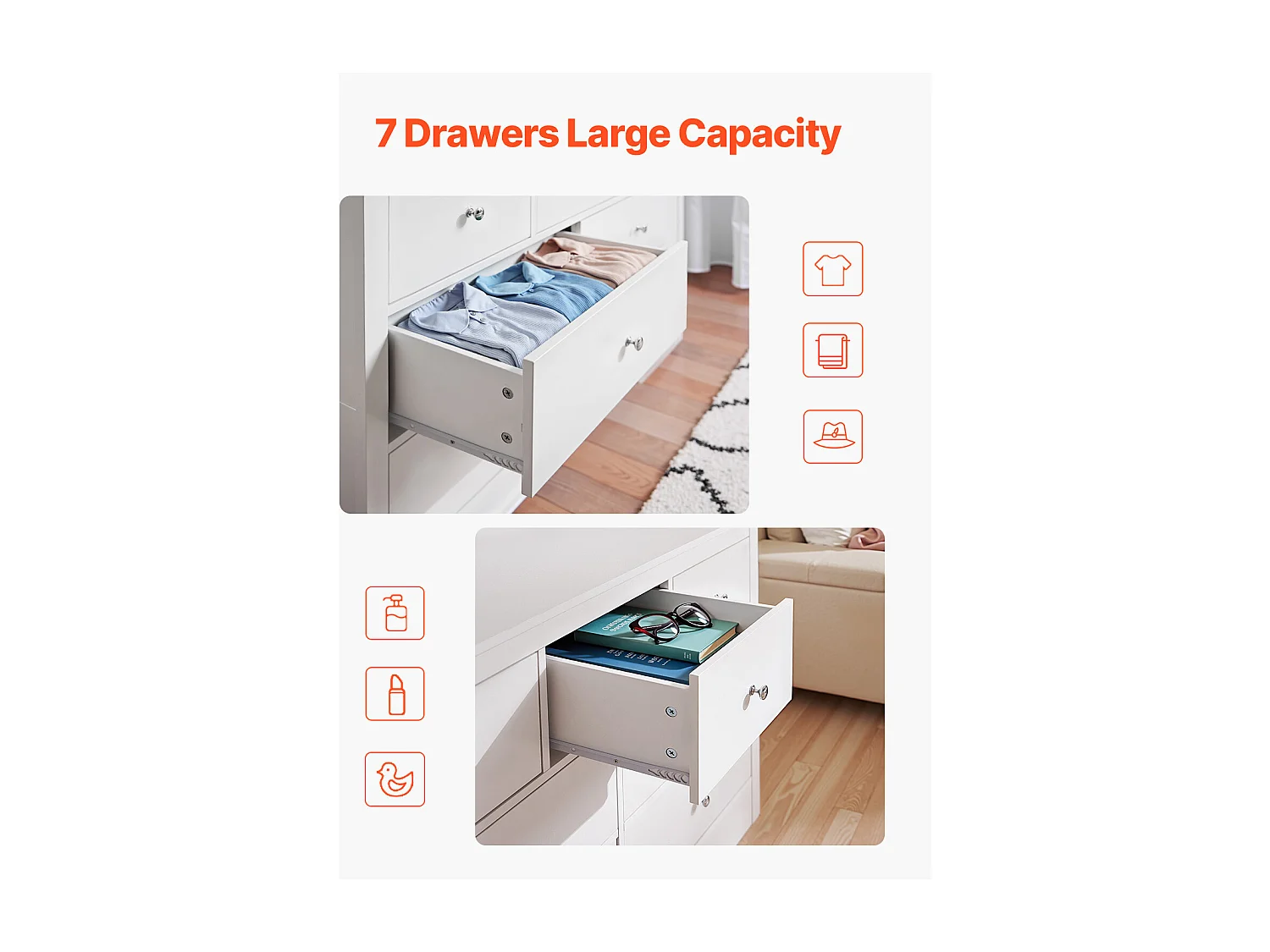 Commode 7 Tiroirs SucceBuy, Bois, Système Coulissant/Anti-Basculement, Style Moderne, Meuble TV/Armoire, Salon/Couloir/Chambre/Entrée, Blanc