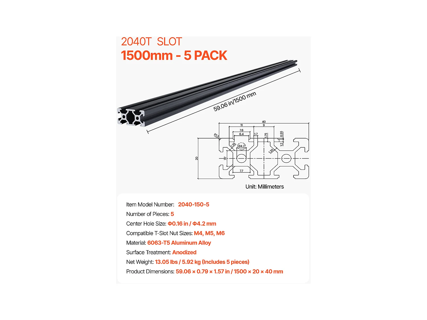 Aluminiumprofielen SucceBuy 150 cm T-Sleuf 2040, Set van 5, Geanodiseerde Lineaire Rail volgens Europese Normen, Geschikt voor 3D-printers, Zwart