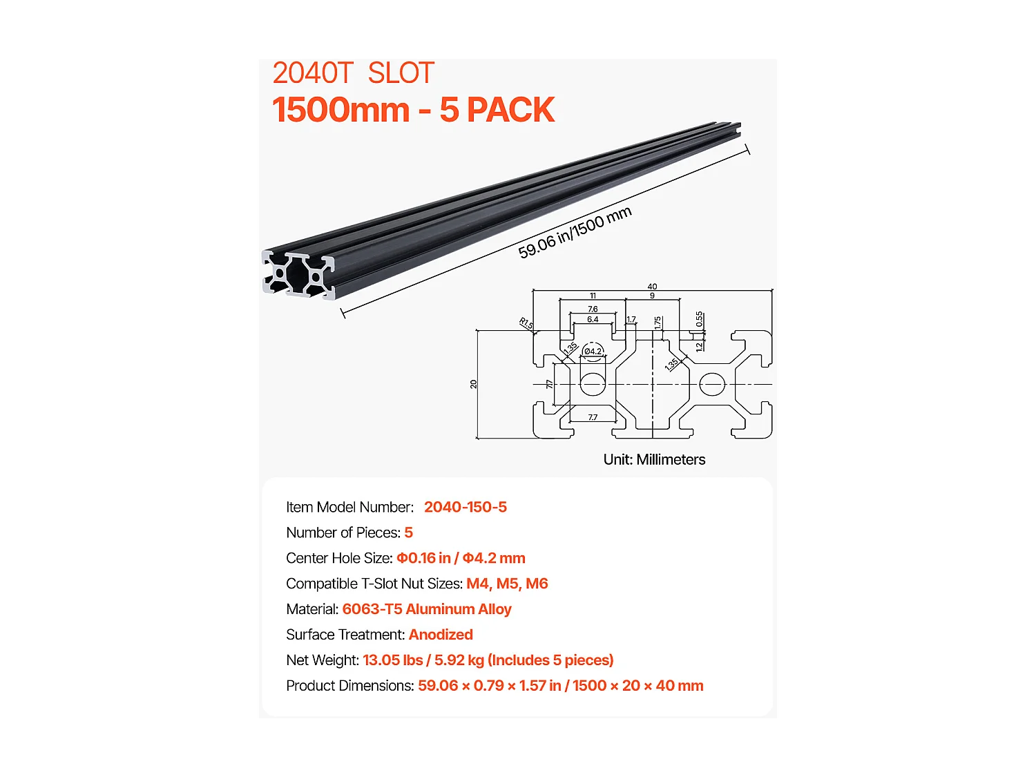 Profilés Aluminium SucceBuy 150 cm Rainure en T 2040, Lot de 5, Rail Linéaire Anodisé selon les Normes Européennes, Adapté aux Imprimantes 3D, Noir