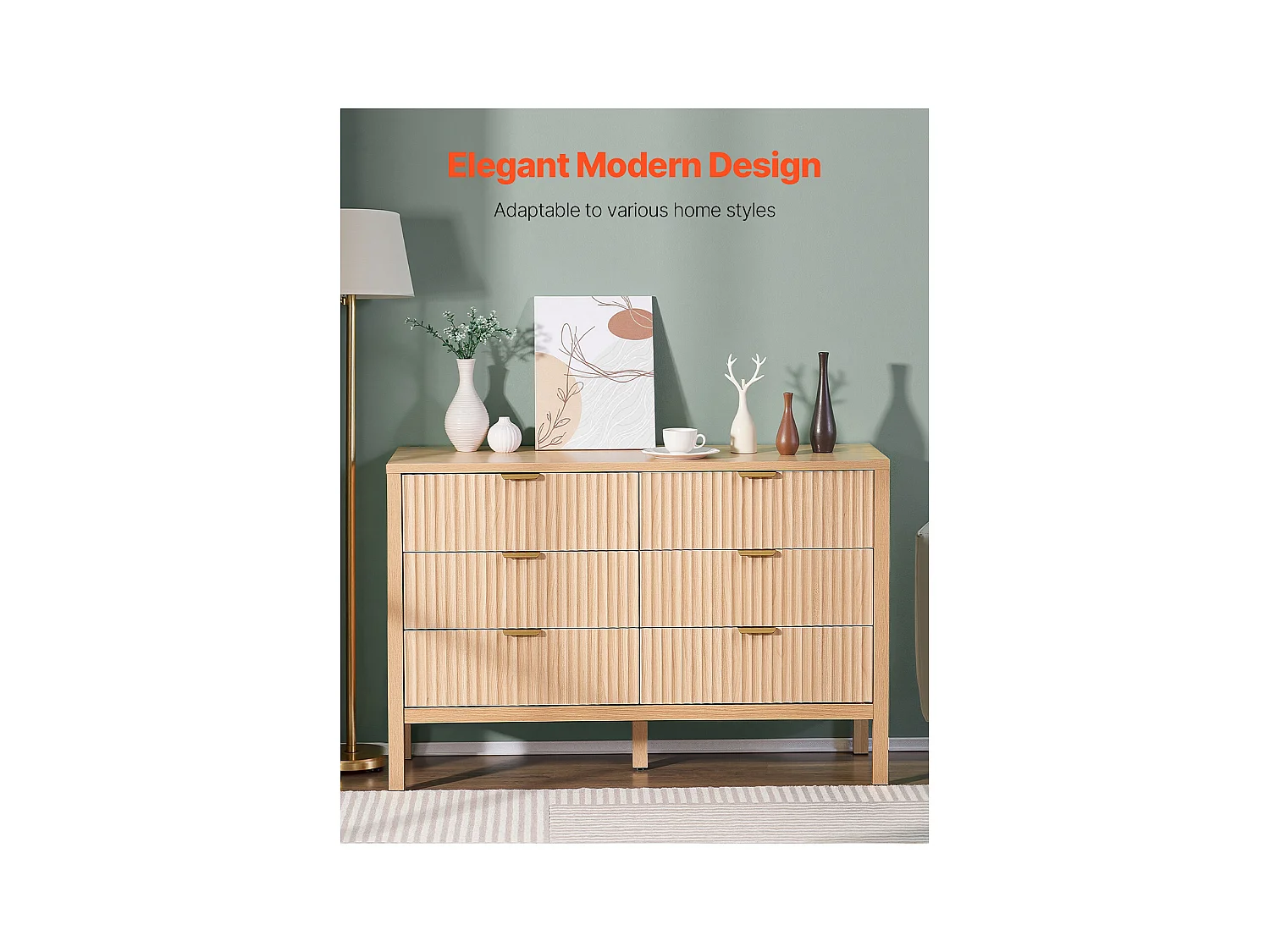 Commode 6 Tiroirs Cannelés SucceBuy, Bois, Système Coulissant/Anti-Basculement, Style Moderne, Organisateur, Salon/Couloir/Chambre/Entrée, Bois Clair