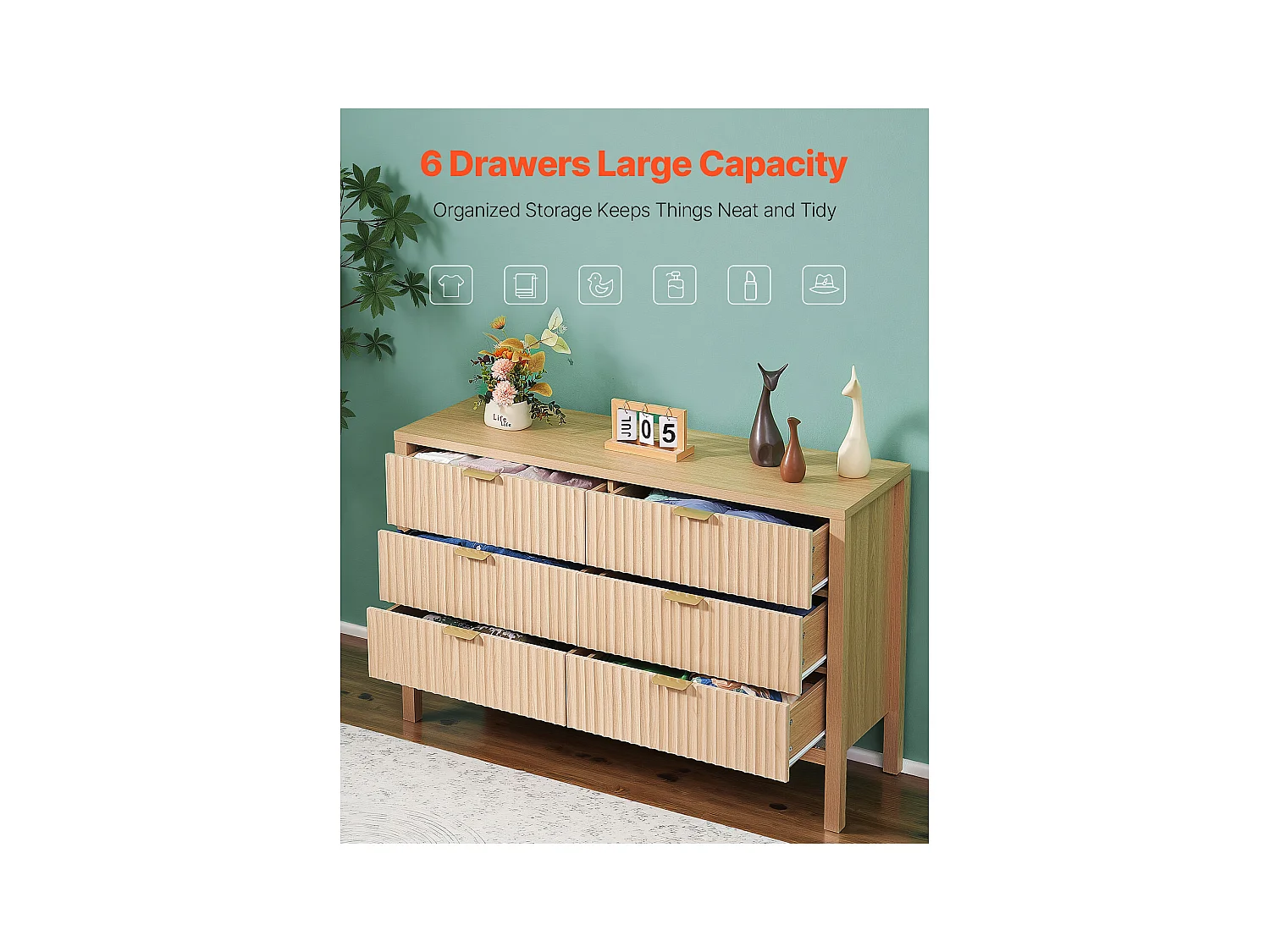 Commode 6 Tiroirs Cannelés SucceBuy, Bois, Système Coulissant/Anti-Basculement, Style Moderne, Organisateur, Salon/Couloir/Chambre/Entrée, Bois Clair