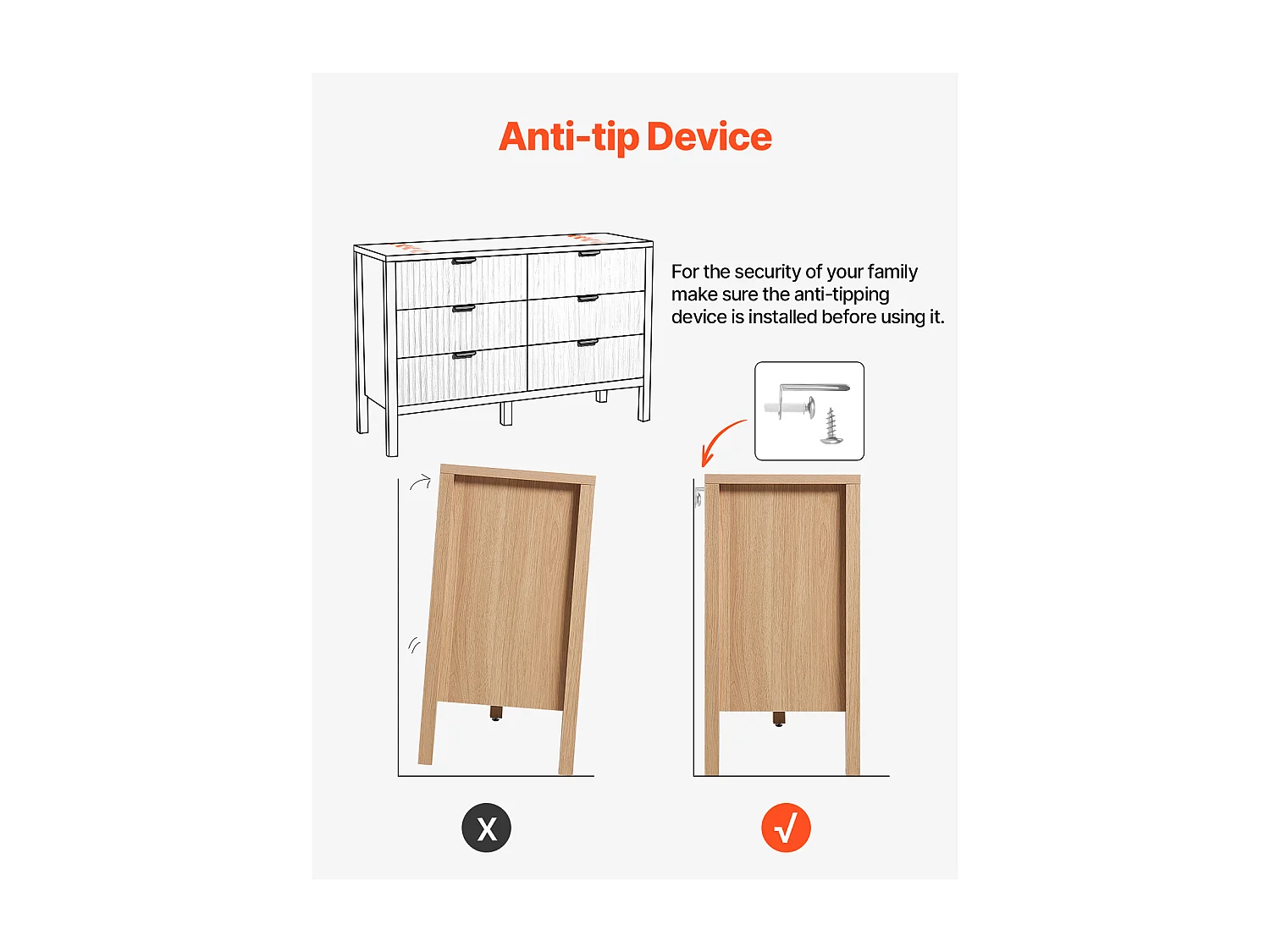 Commode 6 Tiroirs Cannelés SucceBuy, Bois, Système Coulissant/Anti-Basculement, Style Moderne, Organisateur, Salon/Couloir/Chambre/Entrée, Bois Clair