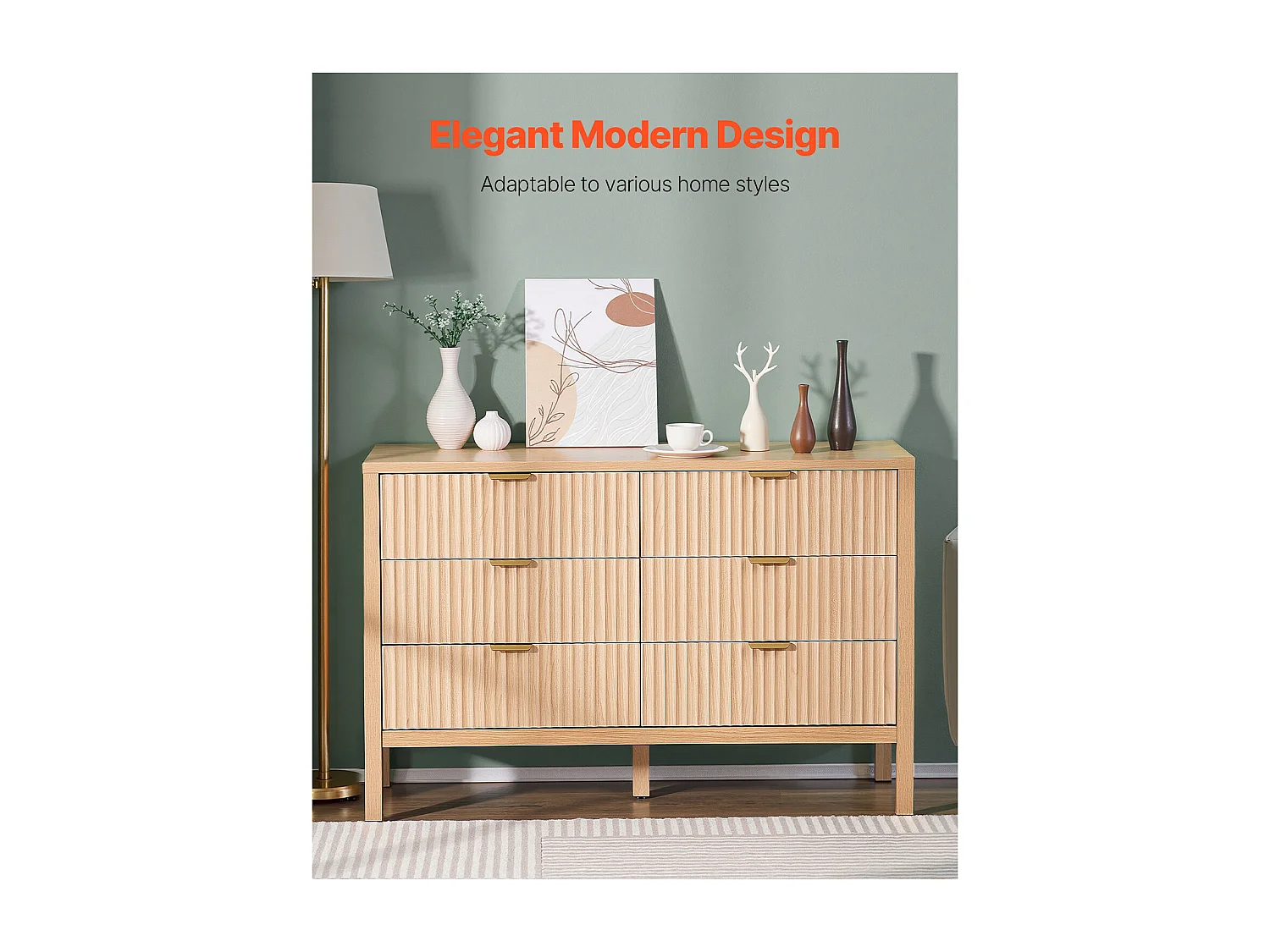Commode 6 Tiroirs Cannelés SucceBuy, Bois, Système Coulissant/Anti-Basculement, Style Moderne, Organisateur, Salon/Couloir/Chambre/Entrée, Bois Clair