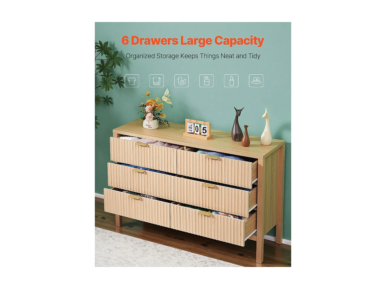 Commode 6 Tiroirs Cannelés SucceBuy, Bois, Système Coulissant/Anti-Basculement, Style Moderne, Organisateur, Salon/Couloir/Chambre/Entrée, Bois Clair