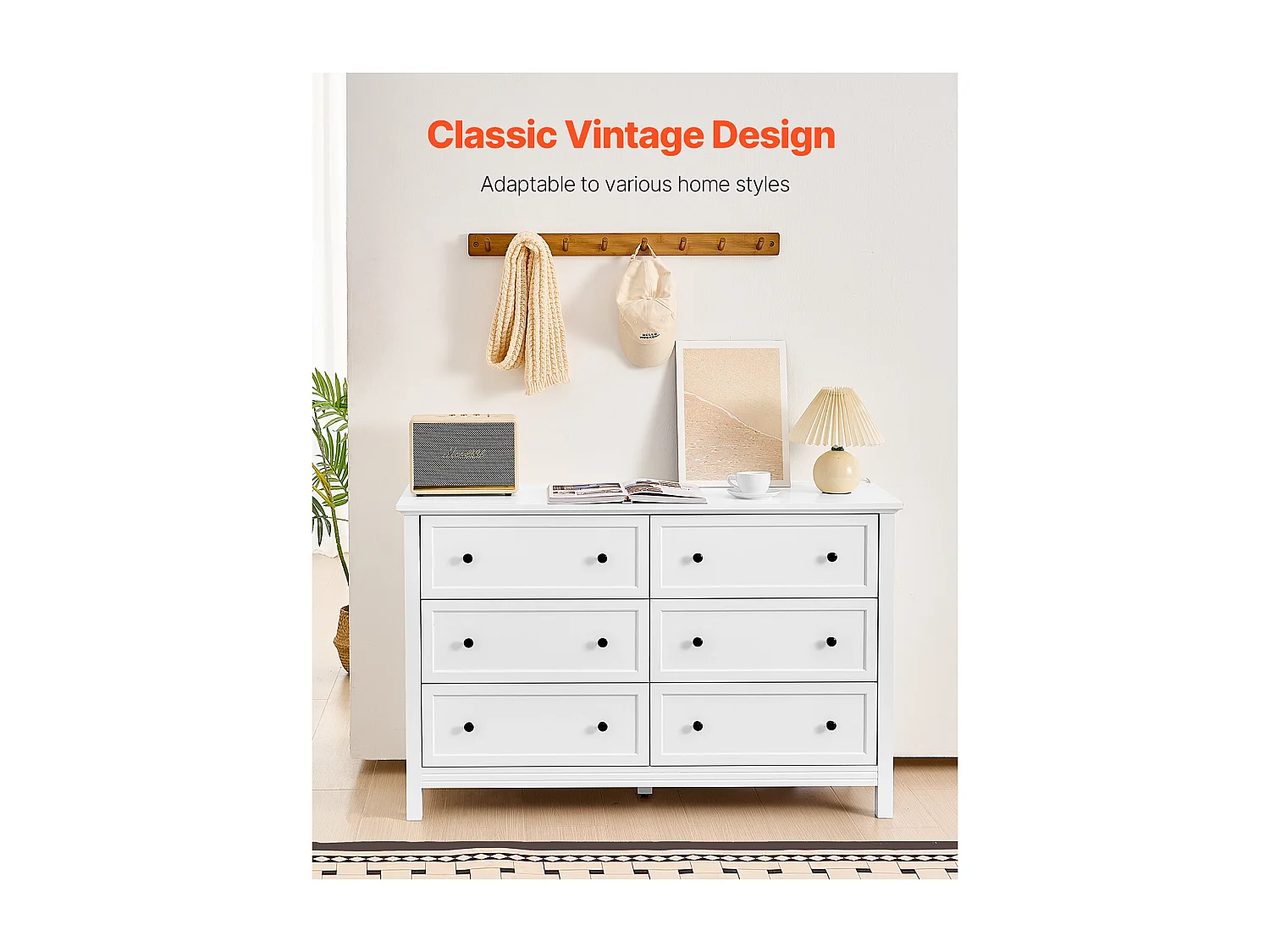 Comò a 6 Cassetti SucceBuy, Legno, Sistema Scorrevole/Antiribaltamento, Stile Retrò Minimalista, Mobile TV/Armadio, Soggiorno/Camera da Letto/Ingresso, Bianco