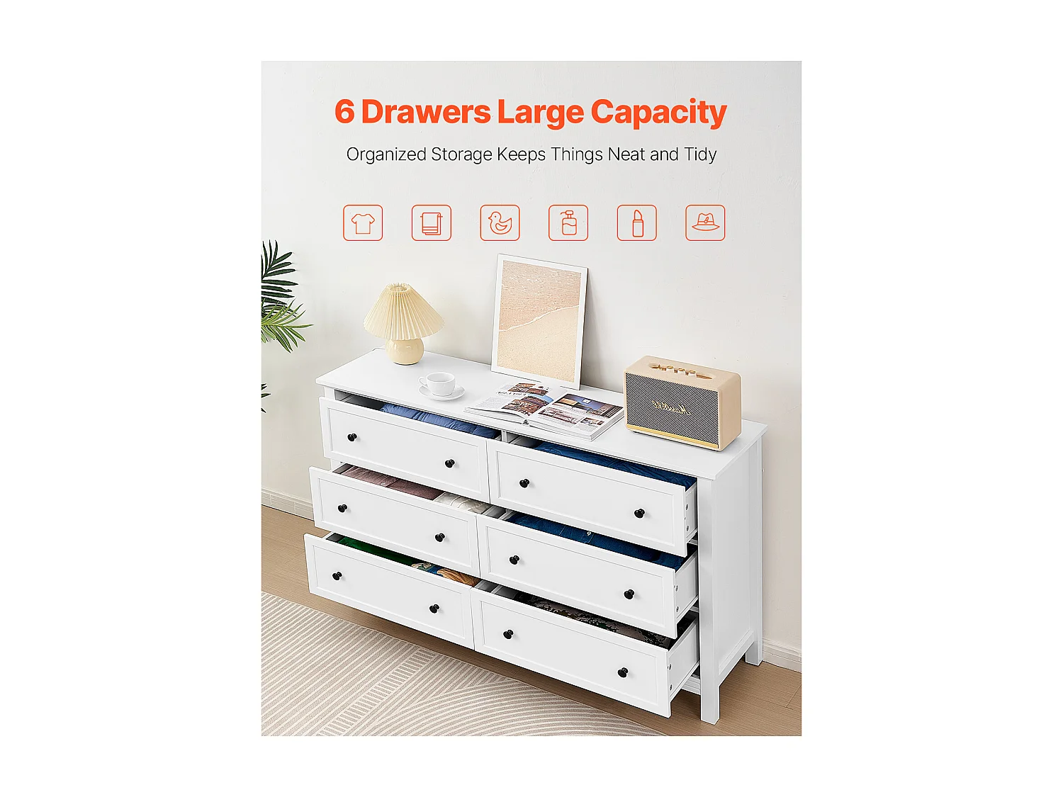 Comò a 6 Cassetti SucceBuy, Legno, Sistema Scorrevole/Antiribaltamento, Stile Retrò Minimalista, Mobile TV/Armadio, Soggiorno/Camera da Letto/Ingresso, Bianco