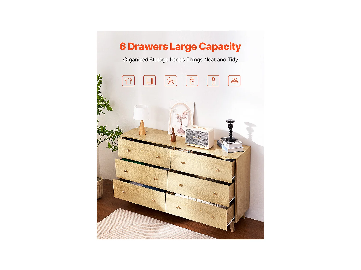 Commode 6 Tiroirs SucceBuy, Bois, Système Coulissant/Anti-Basculement, Style Moderne, Organisateur de Placard, Salon/Couloir/Chambre/Entrée, Bois Clair