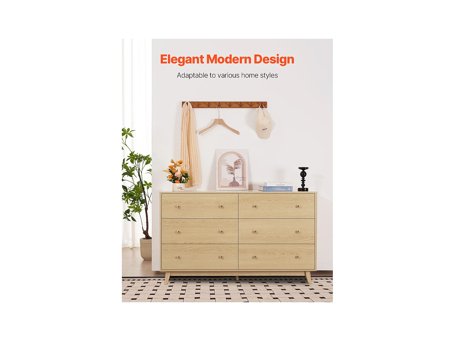 Commode 6 Tiroirs SucceBuy, Bois, Système Coulissant/Anti-Basculement, Style Moderne, Organisateur de Placard, Salon/Couloir/Chambre/Entrée, Bois Clair