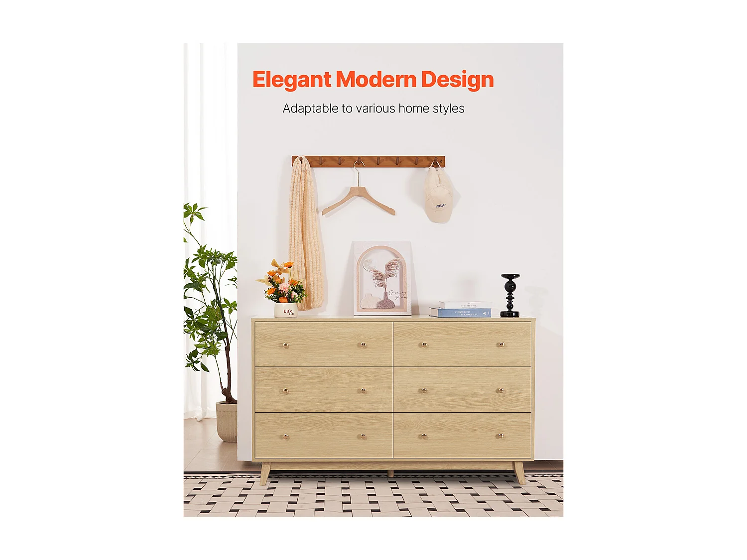 Commode 6 Tiroirs SucceBuy, Bois, Système Coulissant/Anti-Basculement, Style Moderne, Organisateur de Placard, Salon/Couloir/Chambre/Entrée, Bois Clair