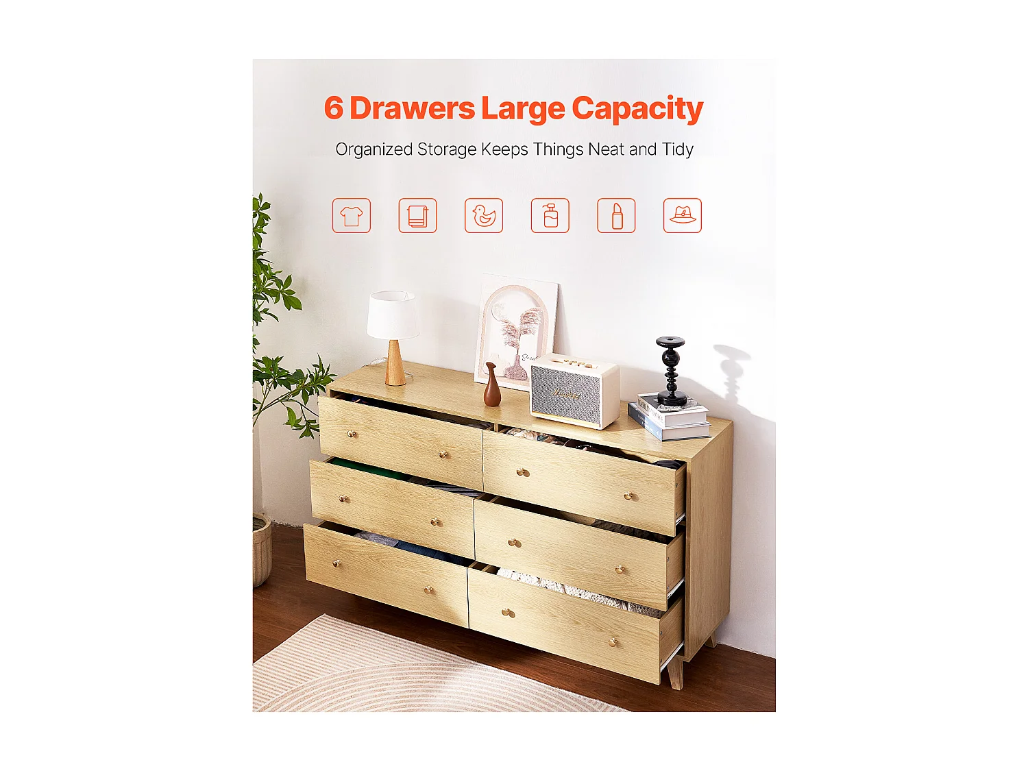 Commode 6 Tiroirs SucceBuy, Bois, Système Coulissant/Anti-Basculement, Style Moderne, Organisateur de Placard, Salon/Couloir/Chambre/Entrée, Bois Clair