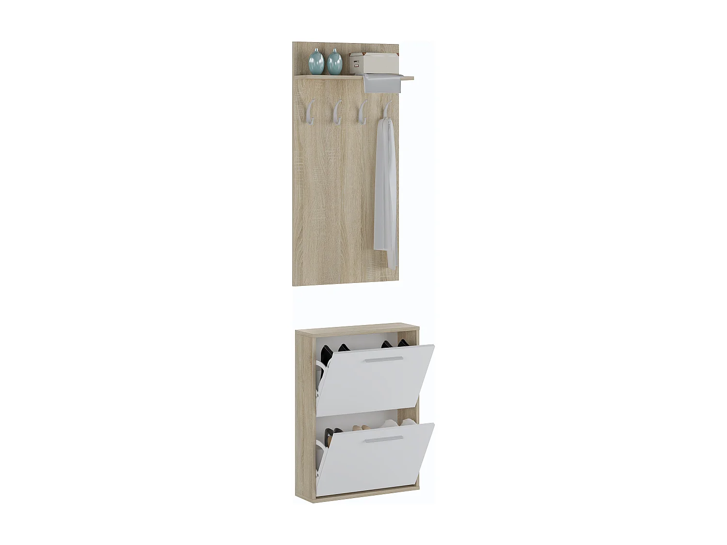 Set Ingresso Salvaspazio con Scarpiera 2 Ribalte e Appendiabiti da Parete con Mensola Mobile Ingresso Moderno Soggiorno Portascarpe 54 x 73 x 18 Cm Bianco Rovere