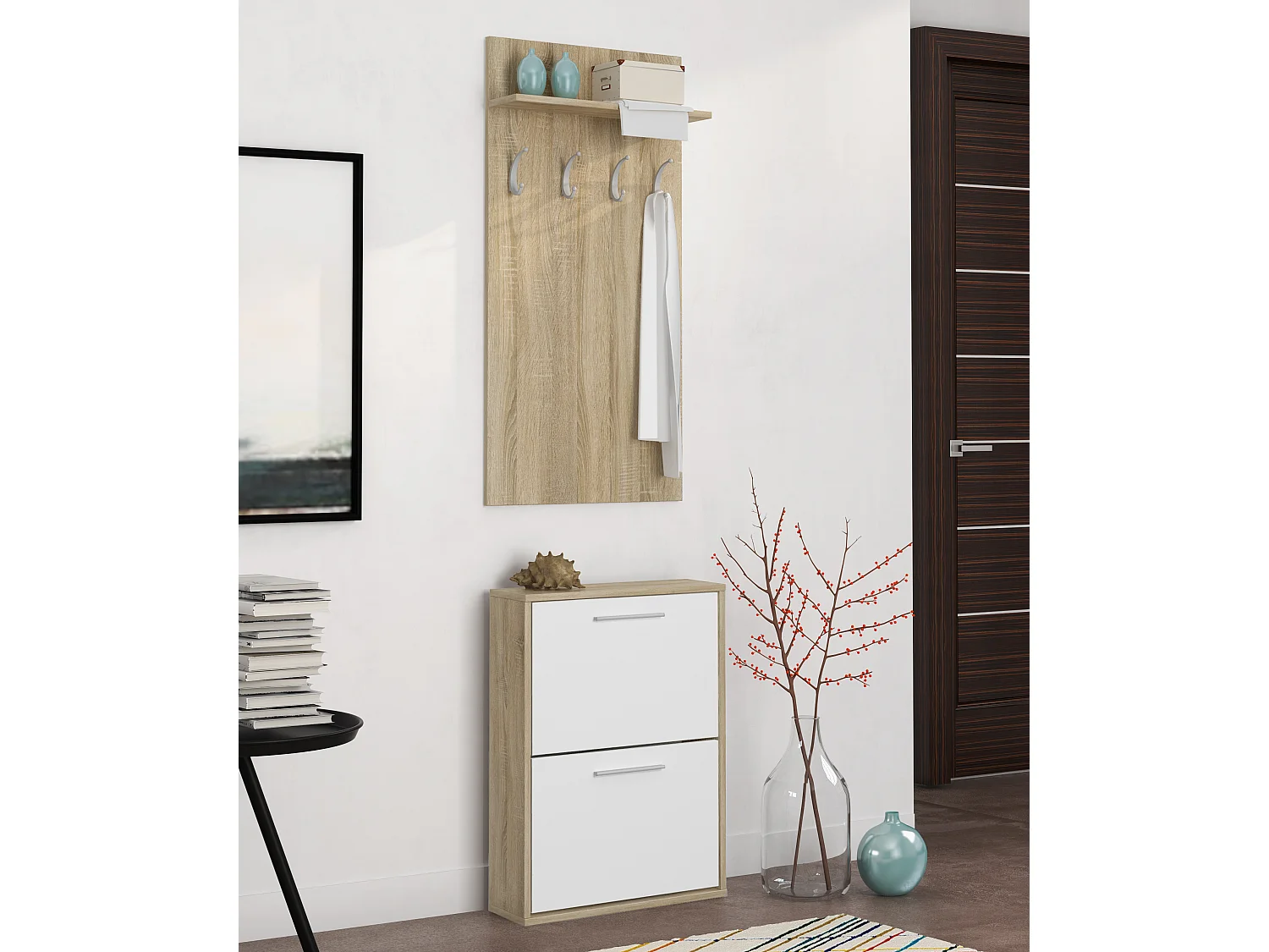 Set Ingresso Salvaspazio con Scarpiera 2 Ribalte e Appendiabiti da Parete con Mensola Mobile Ingresso Moderno Soggiorno Portascarpe 54 x 73 x 18 Cm Bianco Rovere