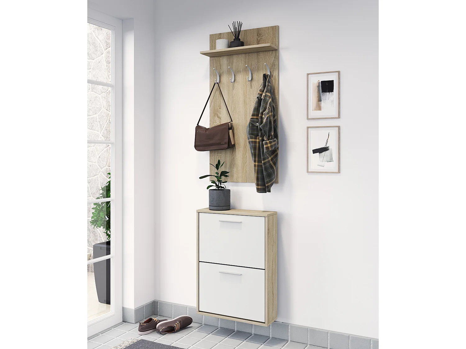 Set Ingresso Salvaspazio con Scarpiera 2 Ribalte e Appendiabiti da Parete con Mensola Mobile Ingresso Moderno Soggiorno Portascarpe 54 x 73 x 18 Cm Bianco Rovere