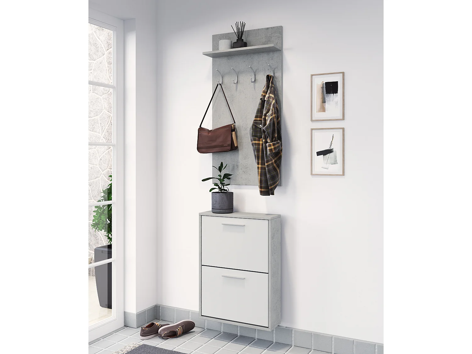 Set Ingresso Salvaspazio con Scarpiera 2 Ribalte e Appendiabiti da Parete con Mensola Mobile Ingresso Moderno Soggiorno Portascarpe 54 x 73 x 18 Cm Bianco E Cemento