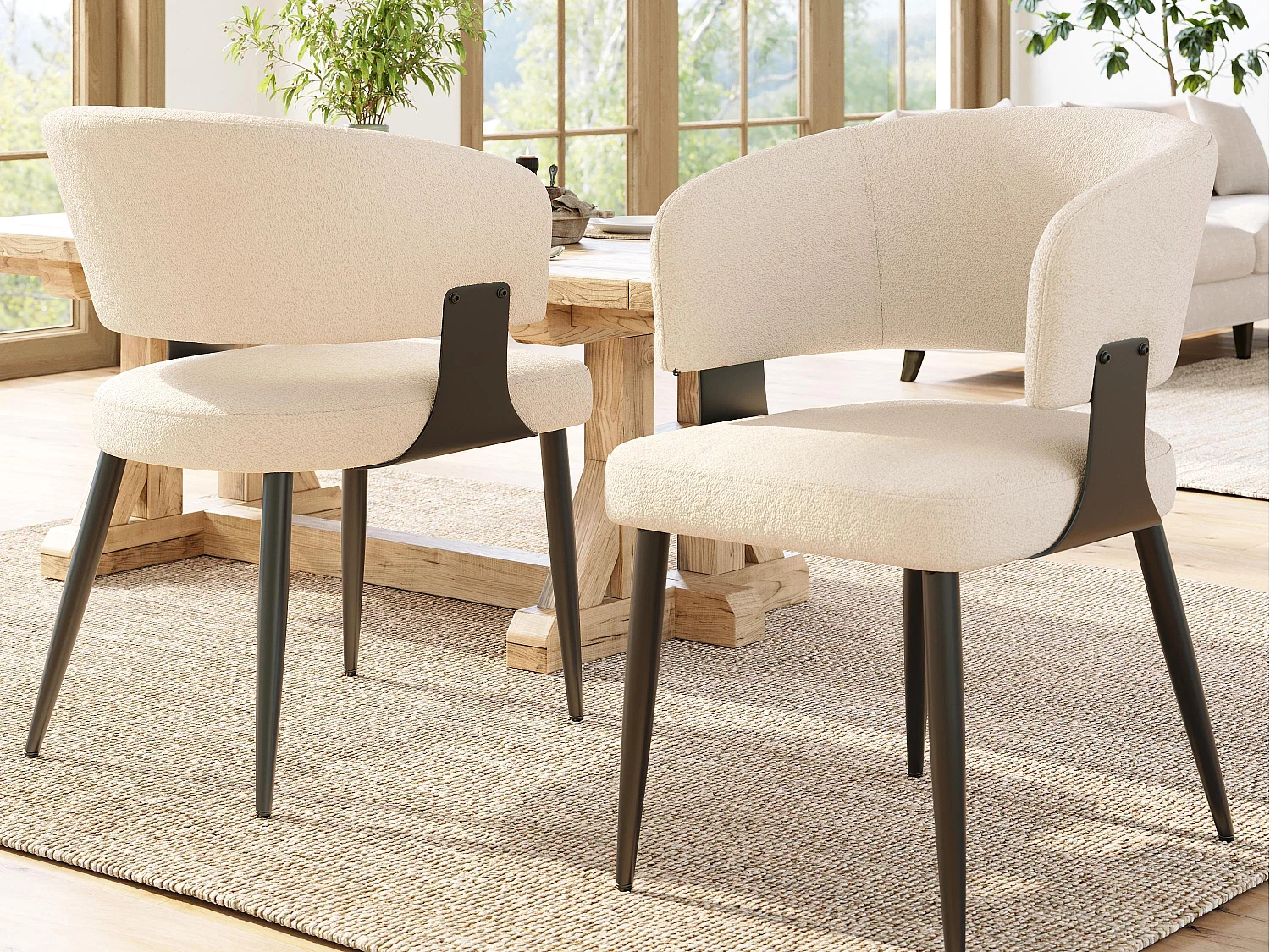 Lot de 2 Chaise de salle à manger rembourrées - en flanelle - structure en métal - style moderne - Beige