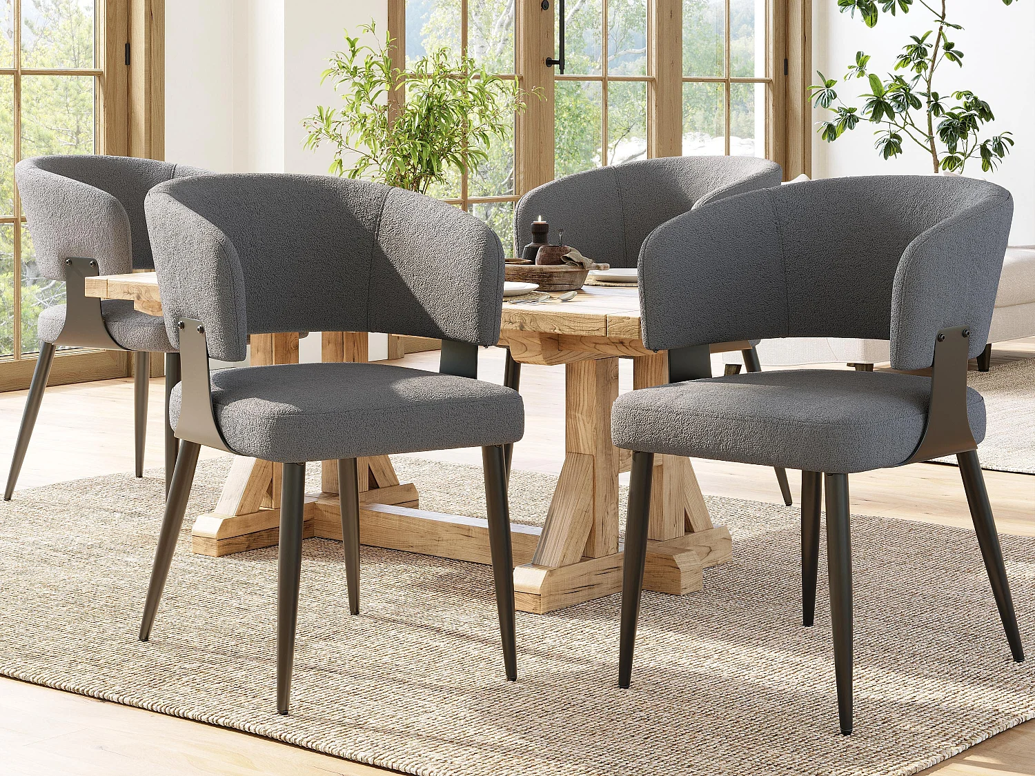 Set mit 4 gepolsterten Esszimmerstühlen - aus Flanell - Metallgestell - moderner Stil - grau