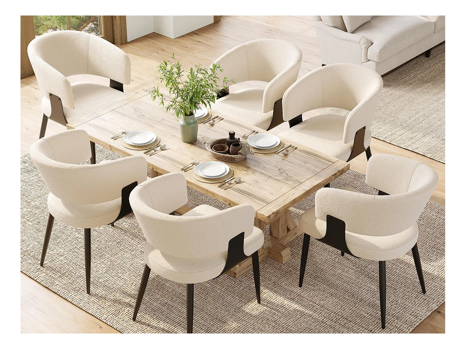 Juego de 6 sillas de comedor acolchadas - en flanela - estructura de metal - estilo moderno - beige