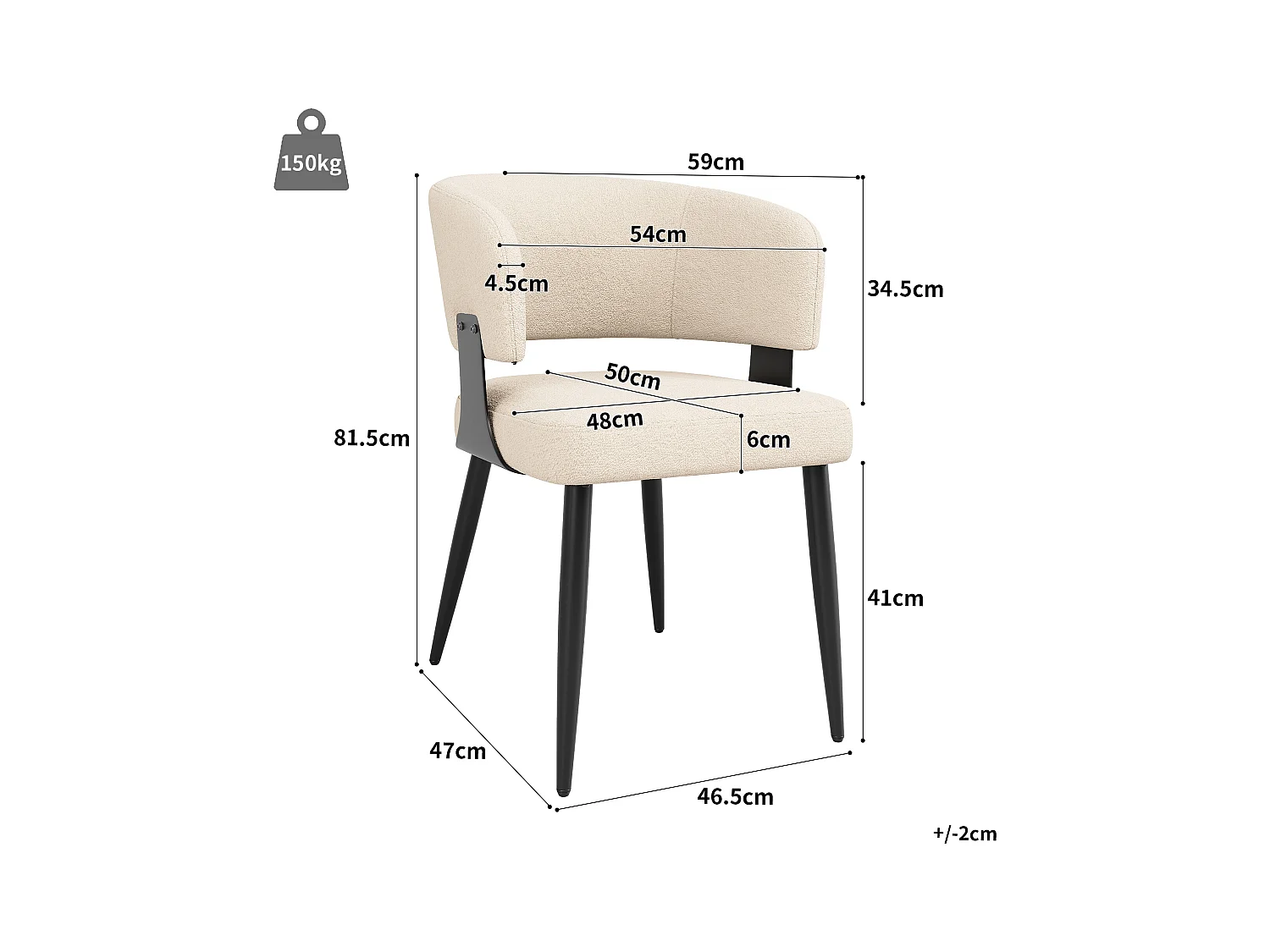 Juego de 6 sillas de comedor acolchadas - en flanela - estructura de metal - estilo moderno - beige
