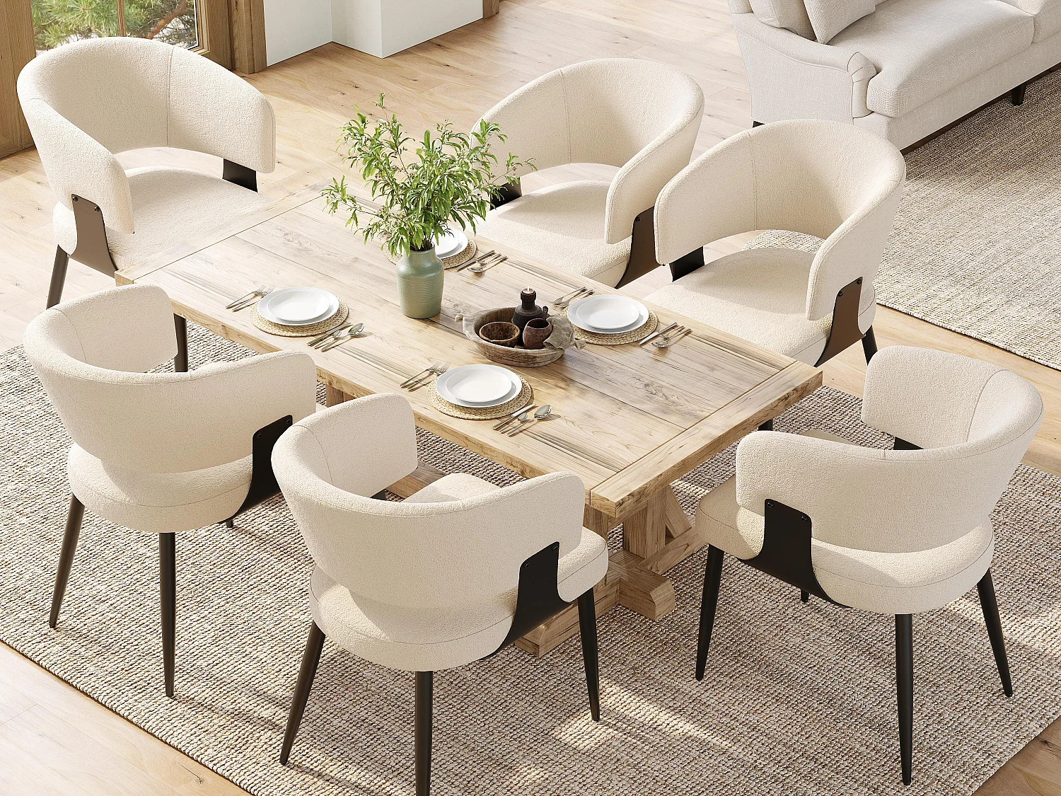 Lot de 6 Chaise de salle à manger rembourrées - en flanelle - structure en métal - style moderne - Beige