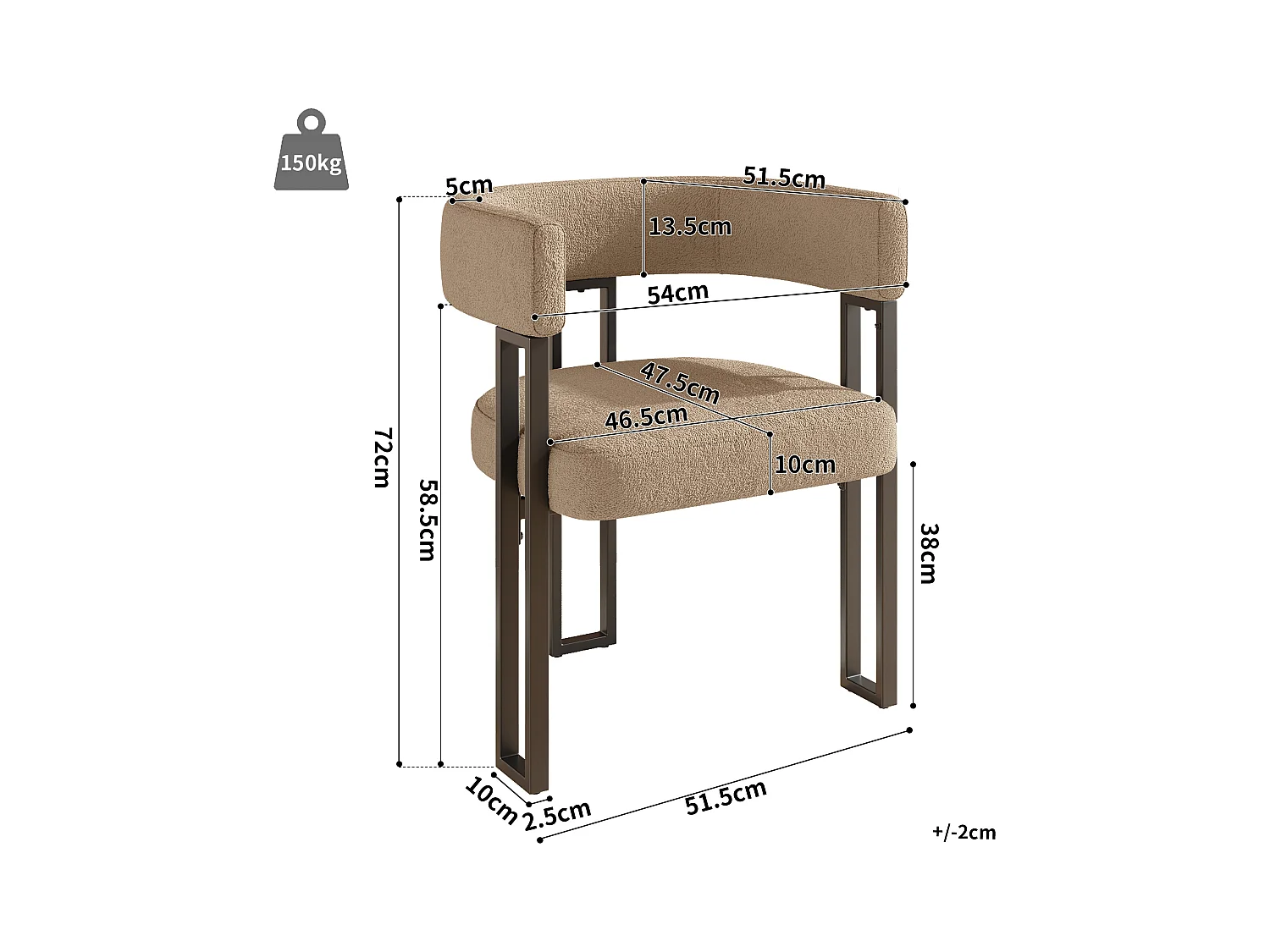 Lot de 2 Chaise de salle à manger rembourrées - en tissu en flanelle - structure en métal - marron