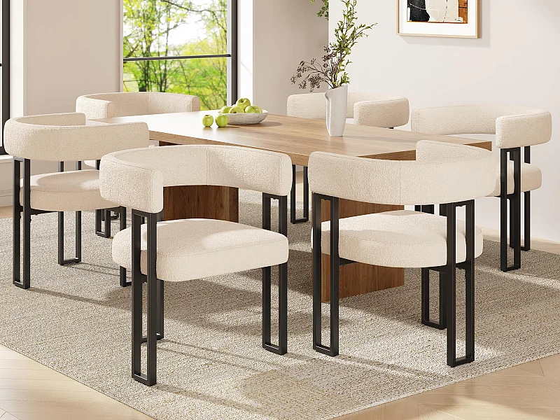 Set mit 6 gepolsterten Esszimmerstühlen - aus Flanellstoff - Metallgestell - beige