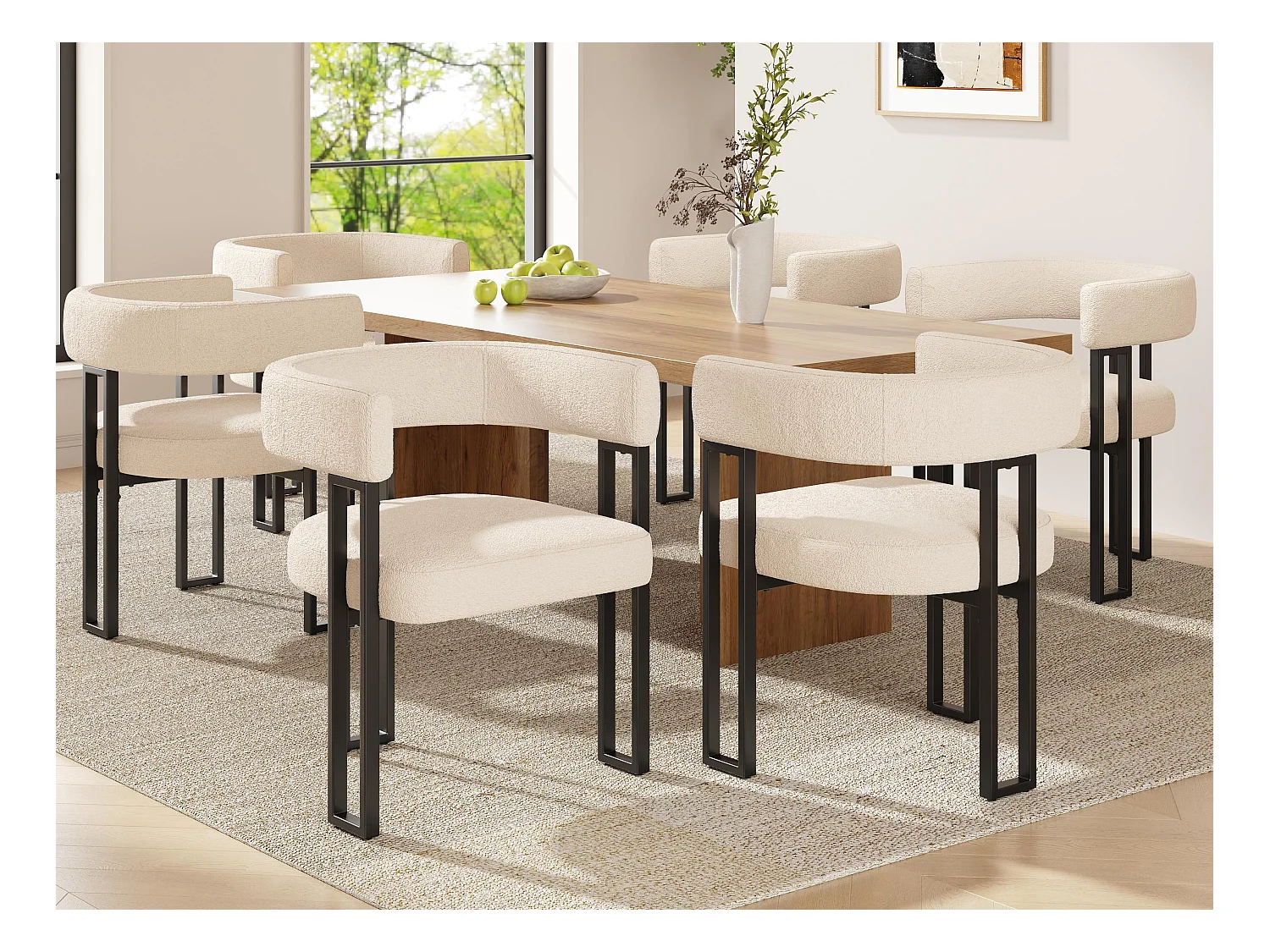Set di 6 sedie da pranzo imbottite - in tessuto flanella - struttura in metallo - beige