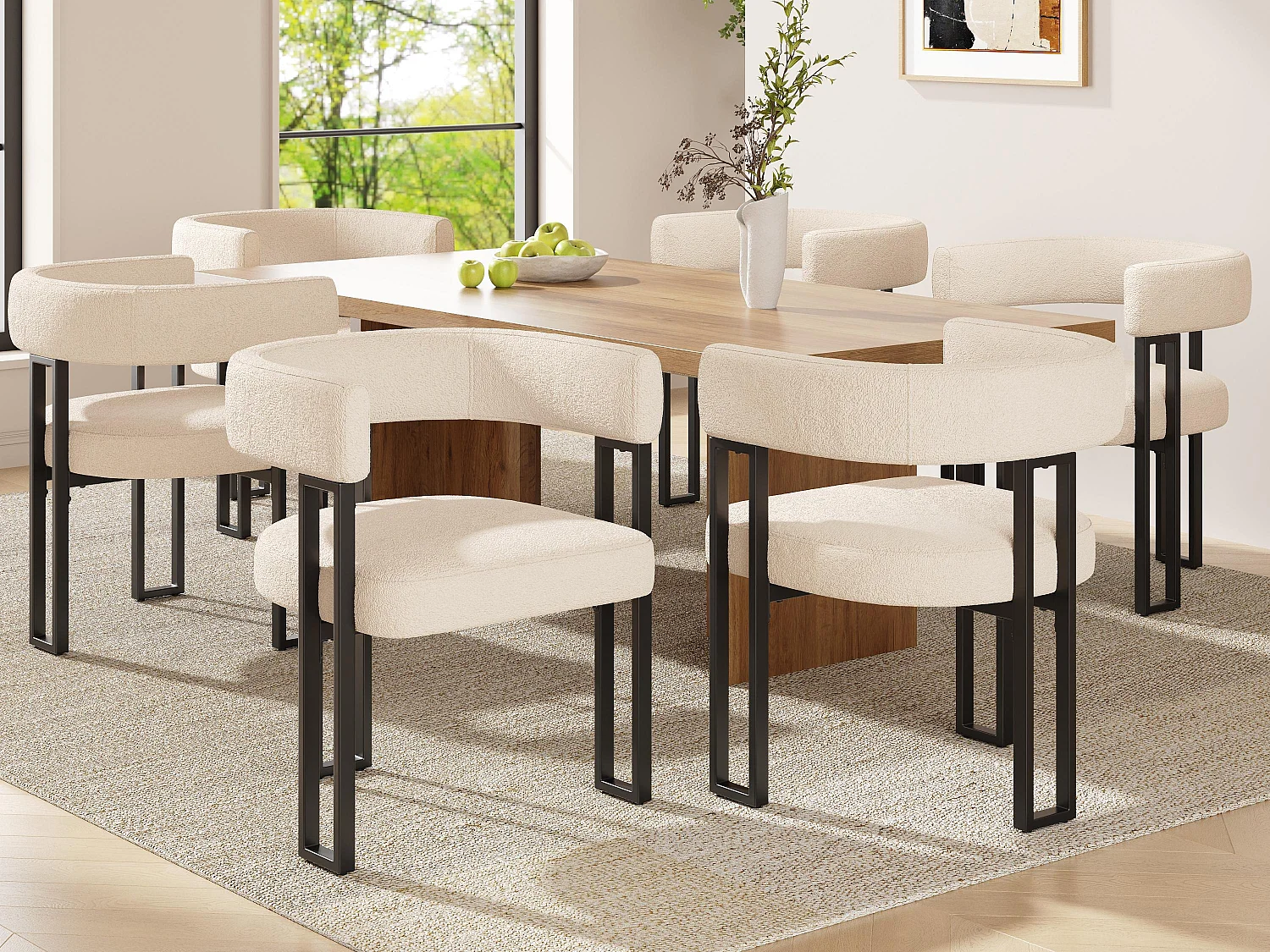 Lot de 6 Chaise de salle à manger rembourrées - en tissu en flanelle - structure en métal - beige