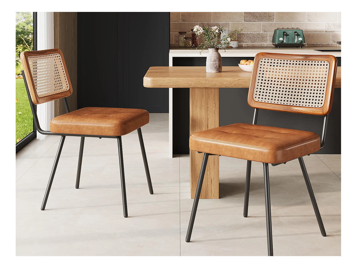 Conjunto de 2 cadeiras de jantar estofadas - em couro ecológico e vime - estrutura metálica - estilo retrô - marrom