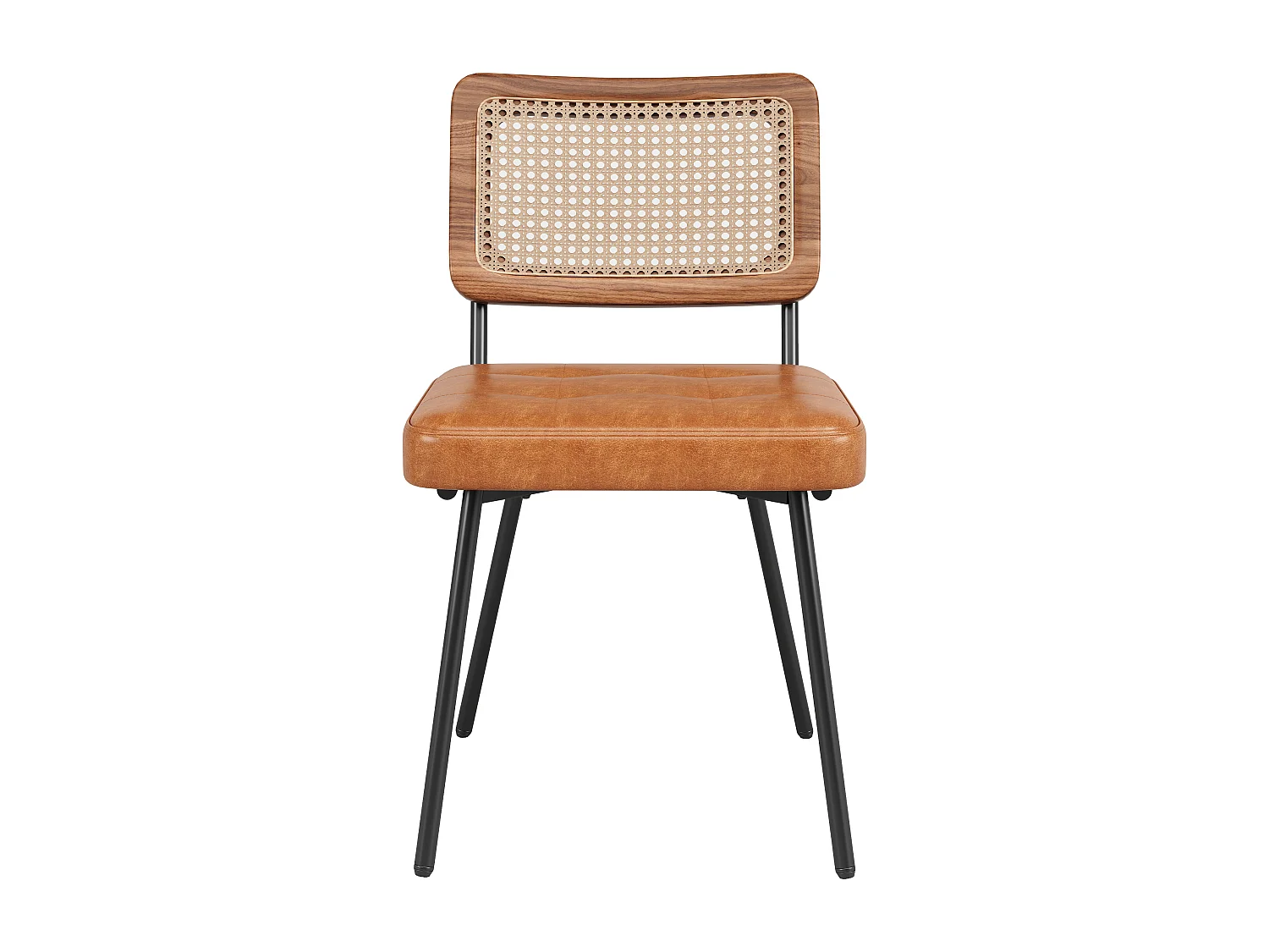 Set van 2 gestoffeerde eetkamerstoelen - van kunstleer en rotan - metalen frame - retro stijl - bruin