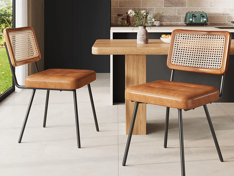 Set van 2 gestoffeerde eetkamerstoelen - van kunstleer en rotan - metalen frame - retro stijl - bruin
