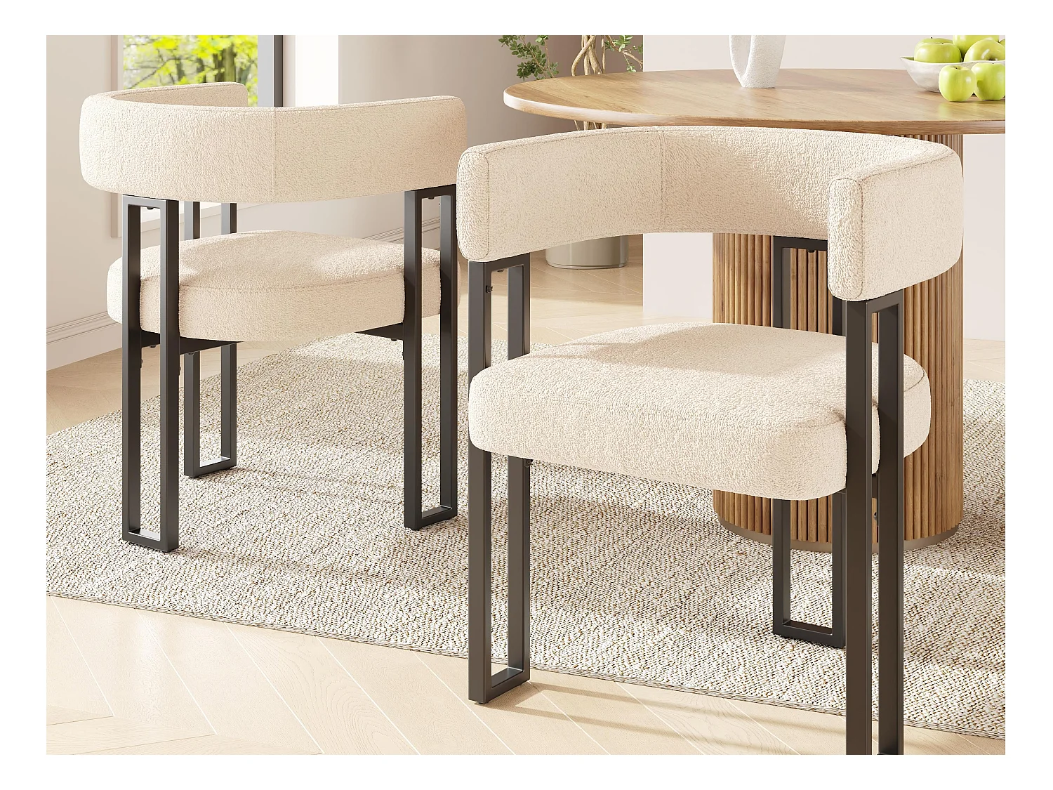 Lot de 2 Chaise de salle à manger rembourrées - en tissu en flanelle - structure en métal - beige