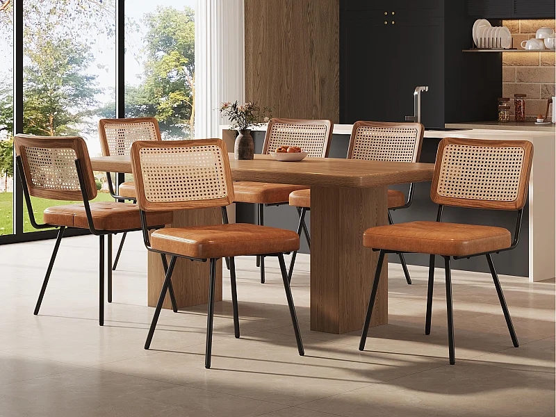Juego de 6 sillas de comedor acolchadas - en cuero ecológico y ratán - estructura de metal - estilo retro - marrón