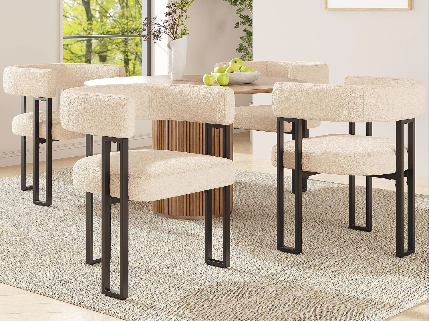 Lot de 4 Chaise de salle à manger rembourrées - en tissu en flanelle - structure en métal - beige