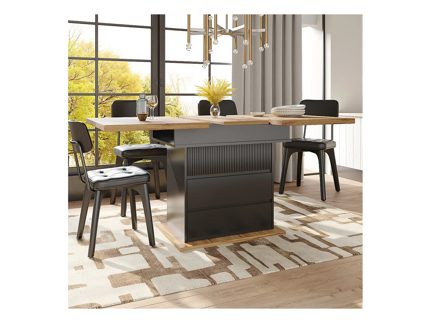 Table à manger extensible 110-140×80cm - 4-6 personnes - 1 porte et 2 tiroirs - Noir