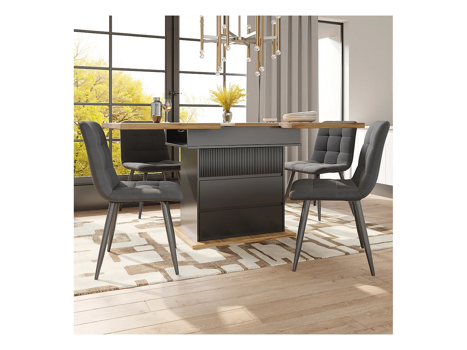 Table à manger extensible 110-140×80cm - 4-6 personnes - 1 porte et 2 tiroirs - Noir