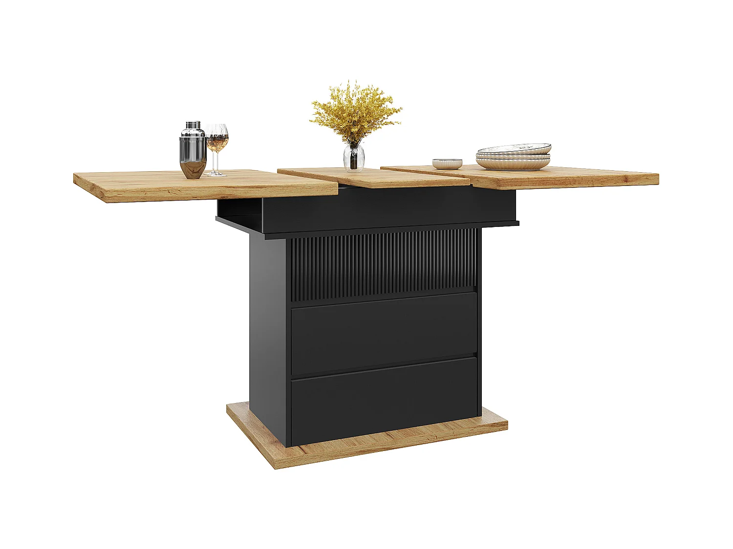 Table à manger extensible 110-140×80cm - 4-6 personnes - 1 porte et 2 tiroirs - Noir