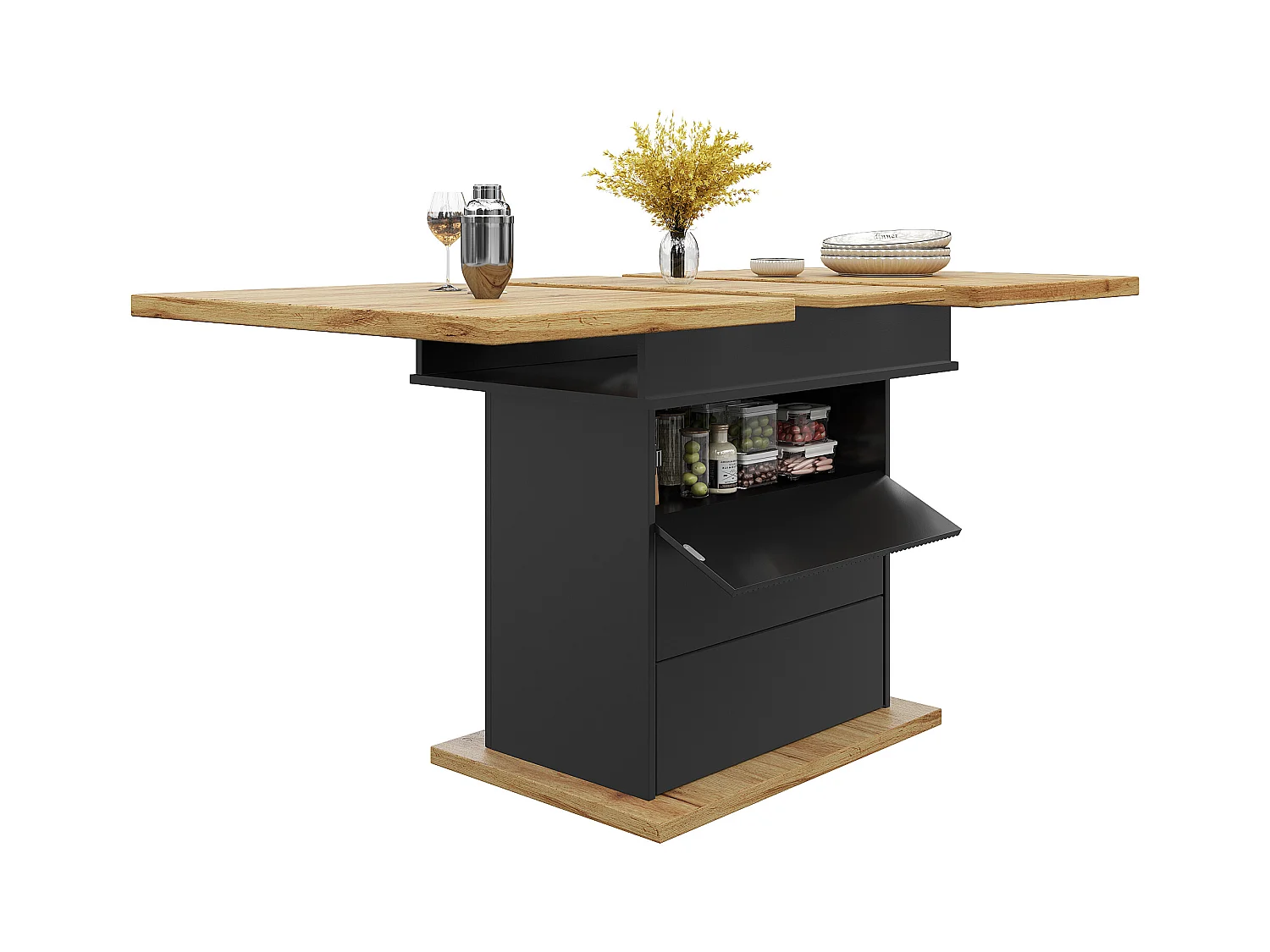 Table à manger extensible 110-140×80cm - 4-6 personnes - 1 porte et 2 tiroirs - Noir