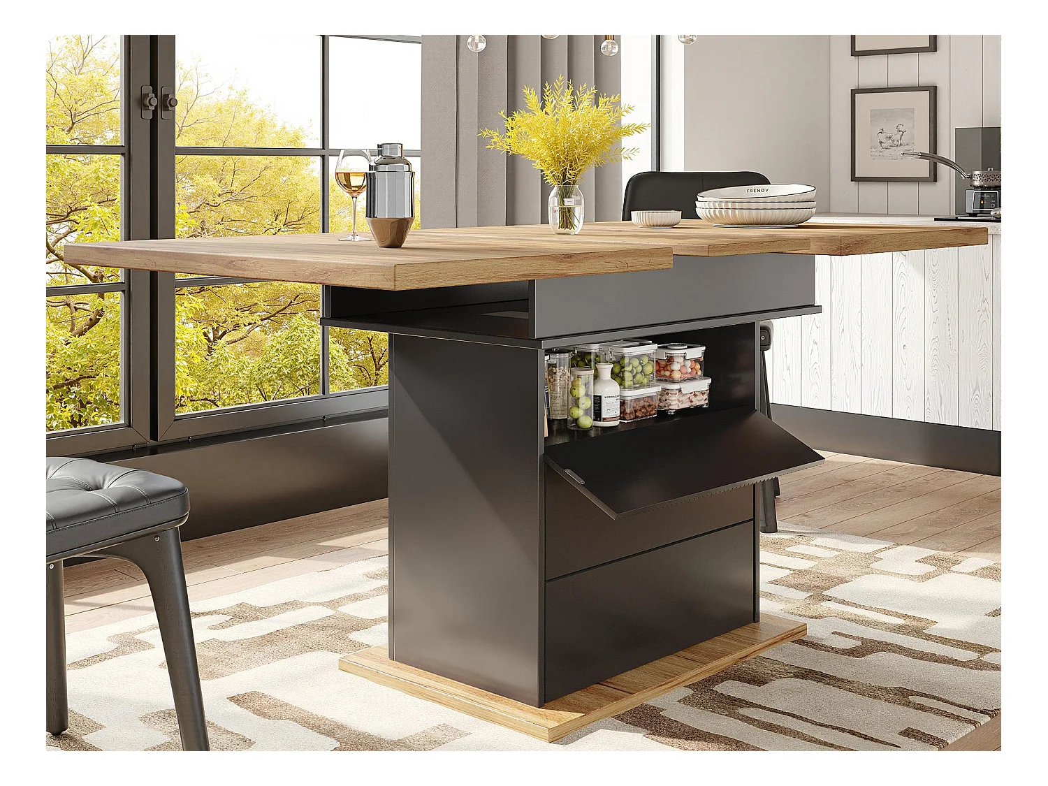 Tavolo da pranzo estensibile 110-140×80 cm - 4-6 posti - con 1 anta e 2 cassetti - nero