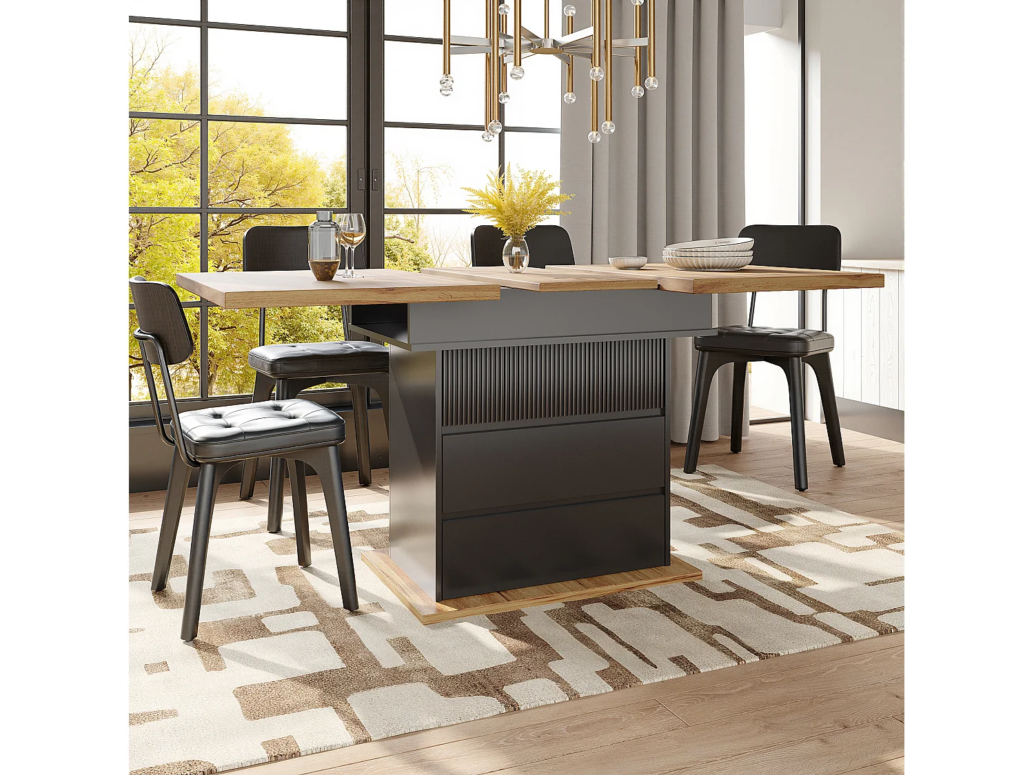 Table à manger extensible 110-140×80cm - 4-6 personnes - 1 porte et 2 tiroirs - Noir