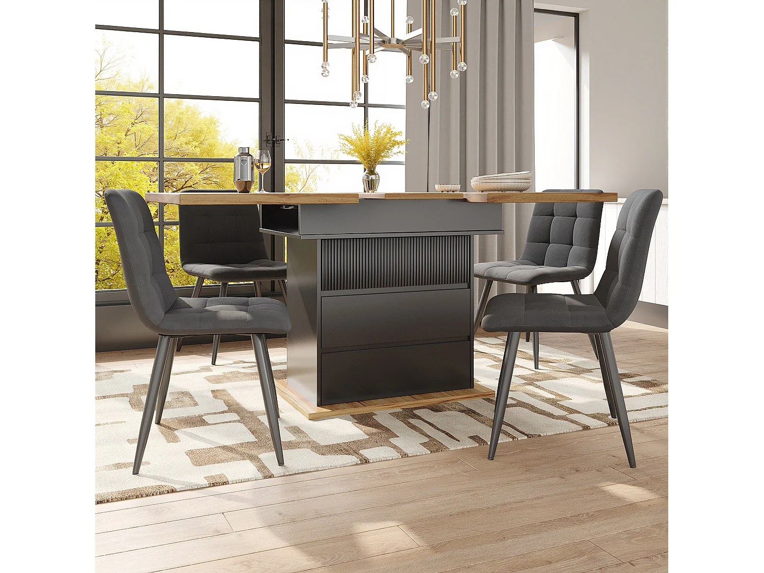 Table à manger extensible 110-140×80cm - 4-6 personnes - 1 porte et 2 tiroirs - Noir