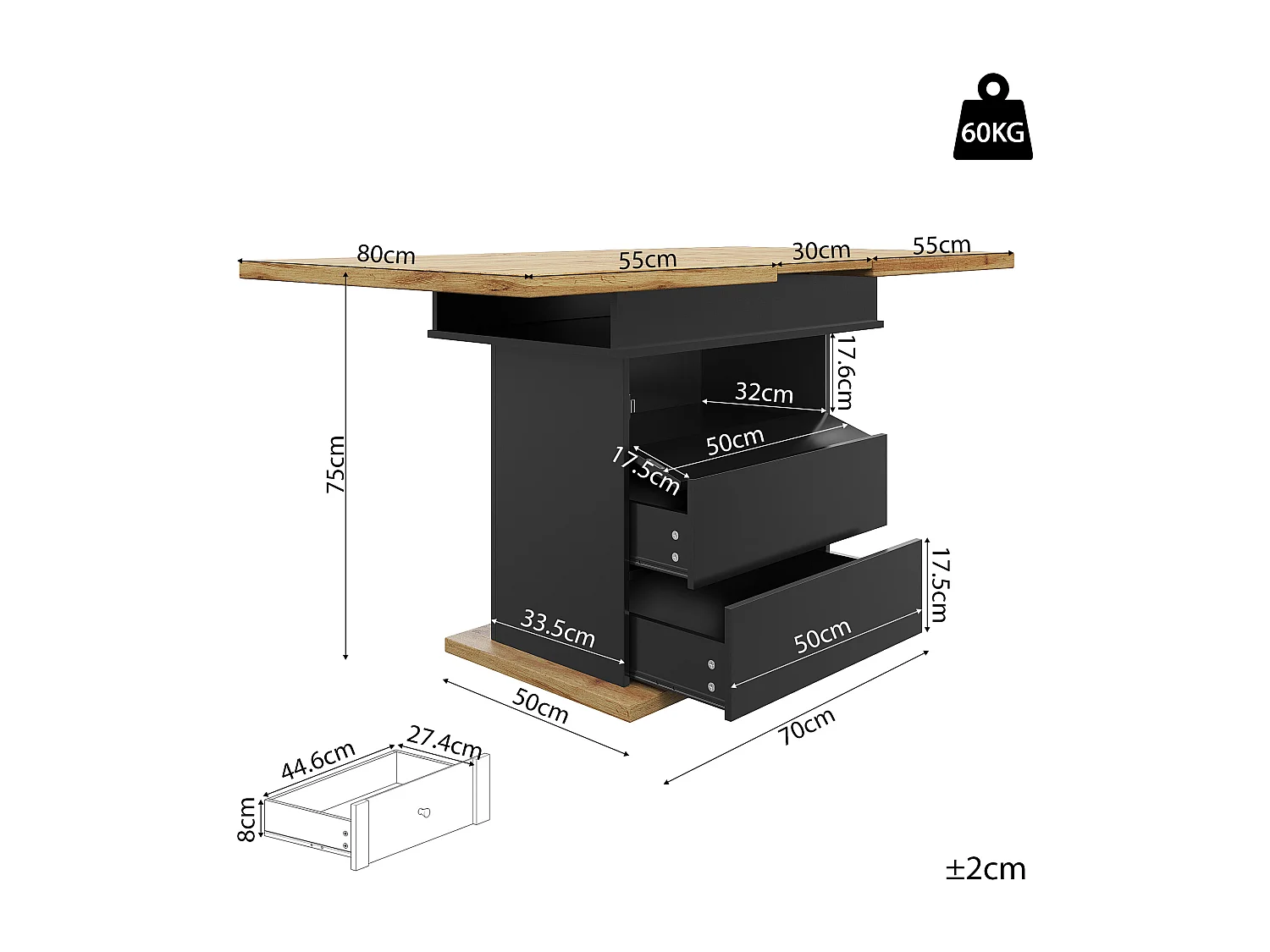 Table à manger extensible 110-140×80cm - 4-6 personnes - 1 porte et 2 tiroirs - Noir