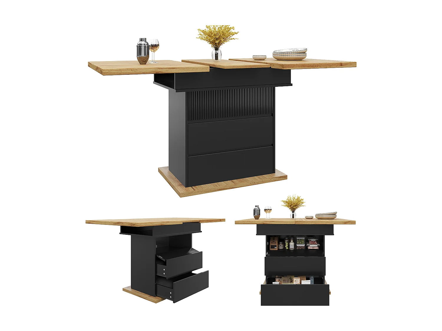Table à manger extensible 110-140×80cm - 4-6 personnes - 1 porte et 2 tiroirs - Noir