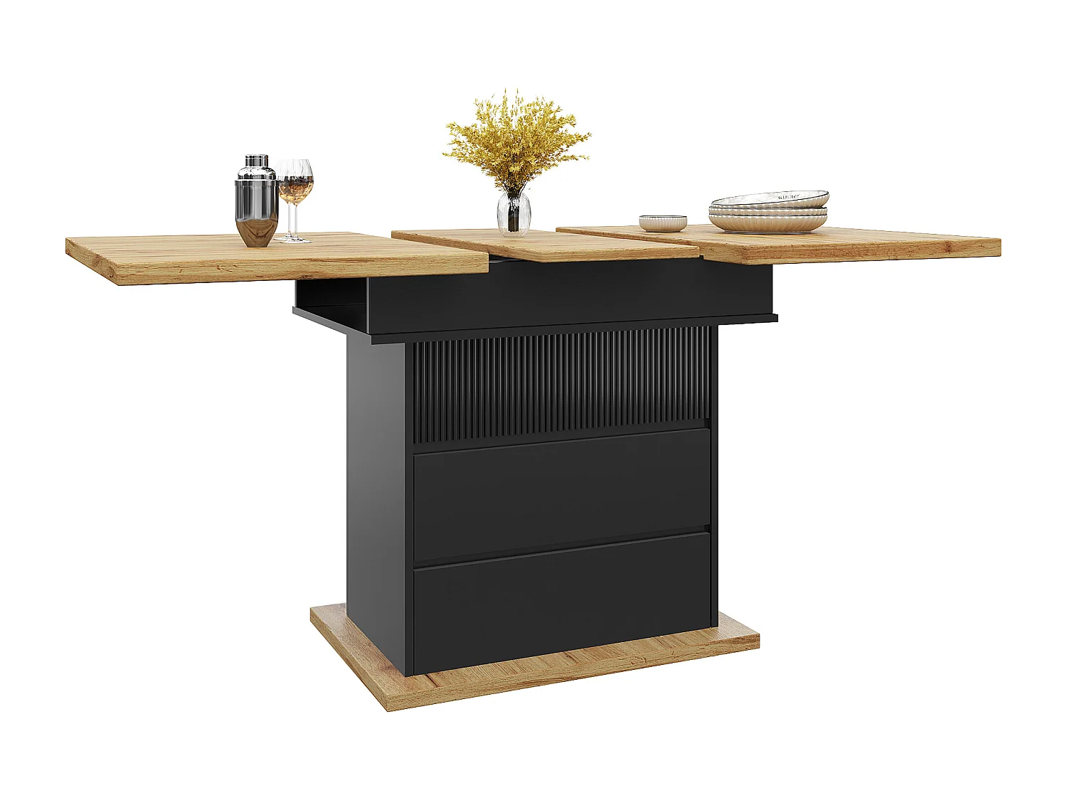 Table à manger extensible 110-140×80cm - 4-6 personnes - 1 porte et 2 tiroirs - Noir