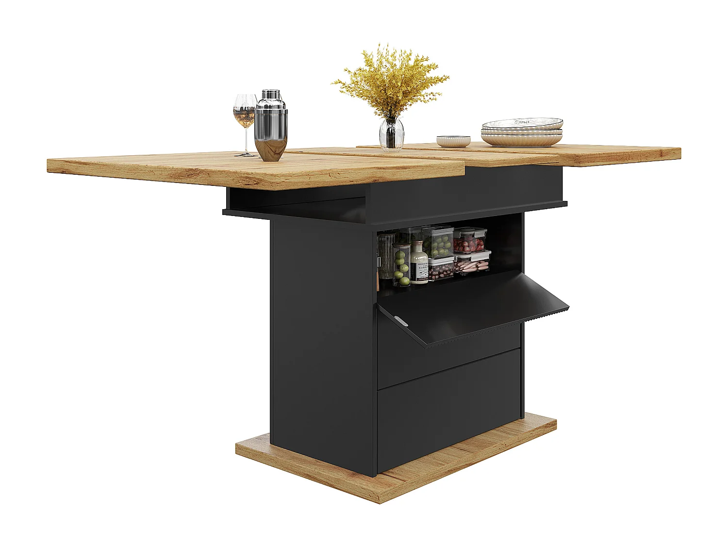 Table à manger extensible 110-140×80cm - 4-6 personnes - 1 porte et 2 tiroirs - Noir