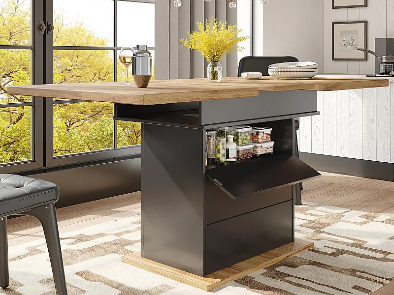 Table à manger extensible 110-140×80cm - 4-6 personnes - 1 porte et 2 tiroirs - Noir