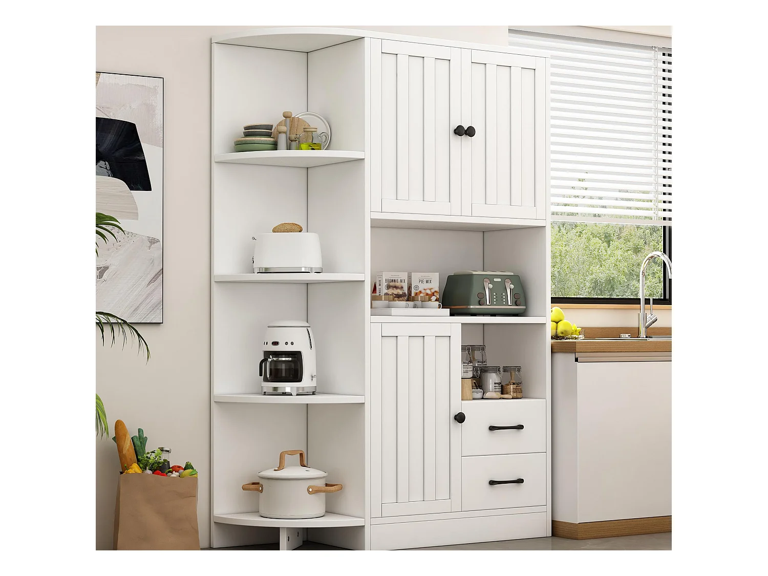 Vitrine 104x35x155 cm - 3 portes et 2 tiroirs - Étagères réglables - Blanc